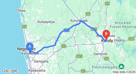 Driving route map: Colombo Airport (CMB) to Tourmaline Hotel, Kandy (112 km, approx 2 h 48 min private transfer)