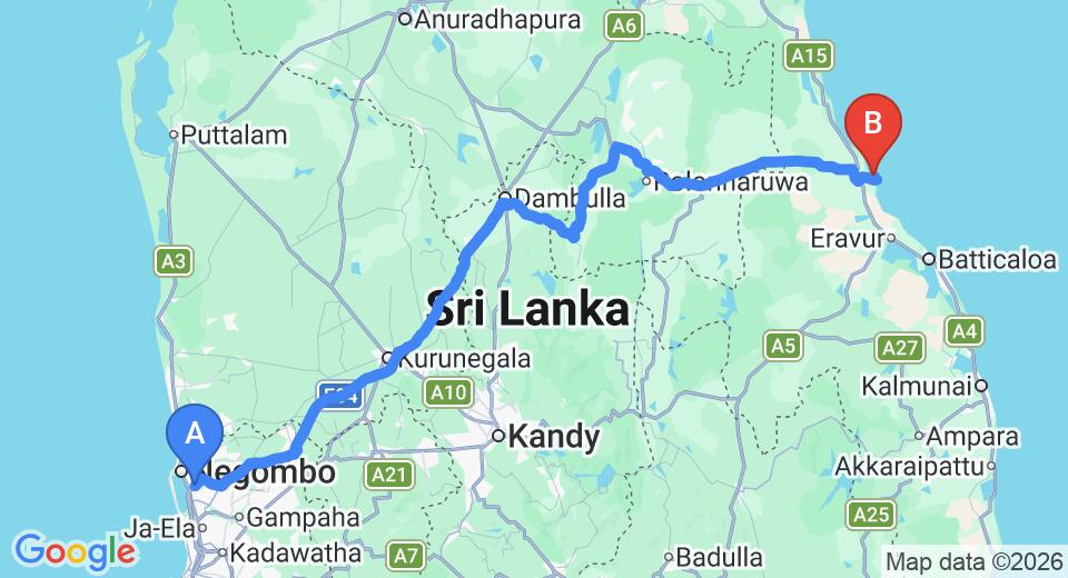 Driving route map: Colombo Airport (CMB) to Maalu Maalu Resort and Spa, Pasikuda (267 km, approx 5 h 29 min private transfer)