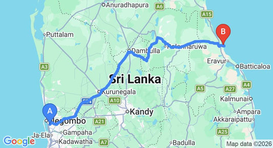 Driving route map: Colombo Airport (CMB) to Maalu Maalu Resort and Spa, Pasikuda (267 km, approx 5 h 29 min private transfer)