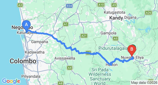 Driving route map: Colombo Airport (CMB) to Glenfall Reach, Nuwara Eliya (153 km, approx 4 h 44 min private transfer)