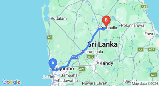 Driving route map: Colombo Airport (CMB) to Palpatha, Wilpattu (146 km, approx 3 h 14 min private transfer)