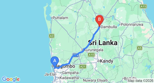 Driving route map: Colombo Airport (CMB) to Alkin Adventure Resort, Dambulla (129 km, approx 2 h 47 min private transfer)