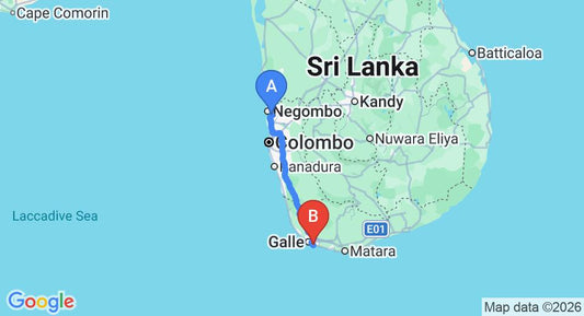Driving route map: Colombo Airport (CMB) to Amanda Beach Villas, Unawatuna (154 km, approx 2 h 10 min private transfer)