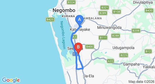Driving route map: Colombo Airport (CMB) to Ramada  Katunayake Colombo International Airport, Katunayake (17 km, approx 24 min private transfer)