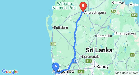 Driving route map: Colombo Airport (CMB) to Ceylan Lodge, Anuradhapura (174 km, approx 3 h 45 min private transfer)