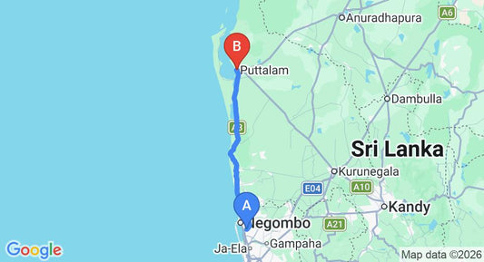 Driving route map: Colombo Airport (CMB) to Forest Hideout, Puttalam (106 km, approx 2 h 38 min private transfer)
