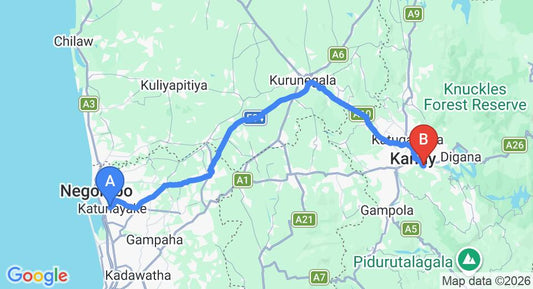 Driving route map: Colombo Airport (CMB) to Ampitiya (118 km, approx 3 h 0 min private transfer)