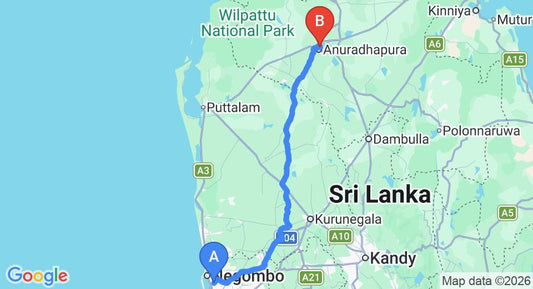 Driving route map: Colombo Airport (CMB) to Little Paradise, Anuradhapura (176 km, approx 3 h 49 min private transfer)