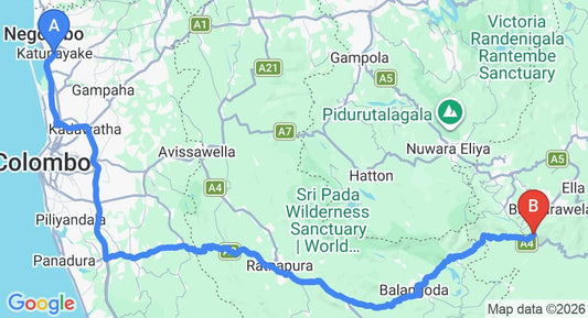 Driving route map: Colombo Airport (CMB) to Country Cottage, Haputale (208 km, approx 4 h 59 min private transfer)