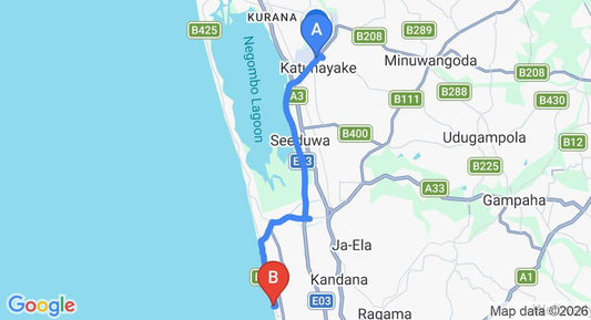 Driving route map: Colombo Airport (CMB) to Hamilton Beach Villa, Ja Ela (20 km, approx 32 min private transfer)