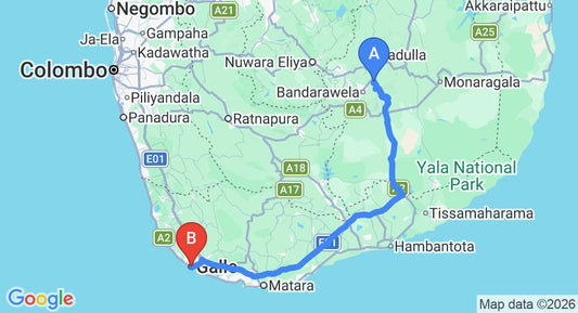 Driving route map: Ella to Galle (198 km, approx 3 h 17 min private transfer)