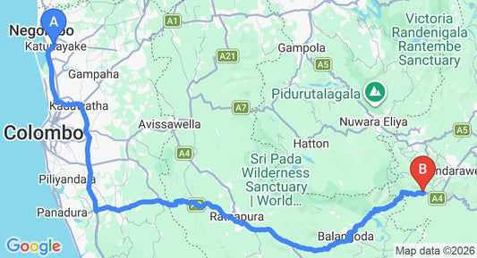 Driving route map: Colombo Airport (CMB) to Beragala (202 km, approx 4 h 46 min private transfer)