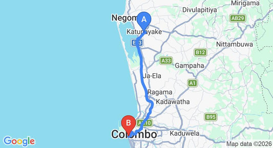 Driving route map: Colombo Airport (CMB) to Ramada Colombo, Colombo (36 km, approx 48 min private transfer)