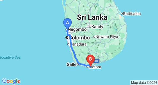 Driving route map: Colombo Airport (CMB) to Soul Resorts, Dikwella (198 km, approx 2 h 48 min private transfer)