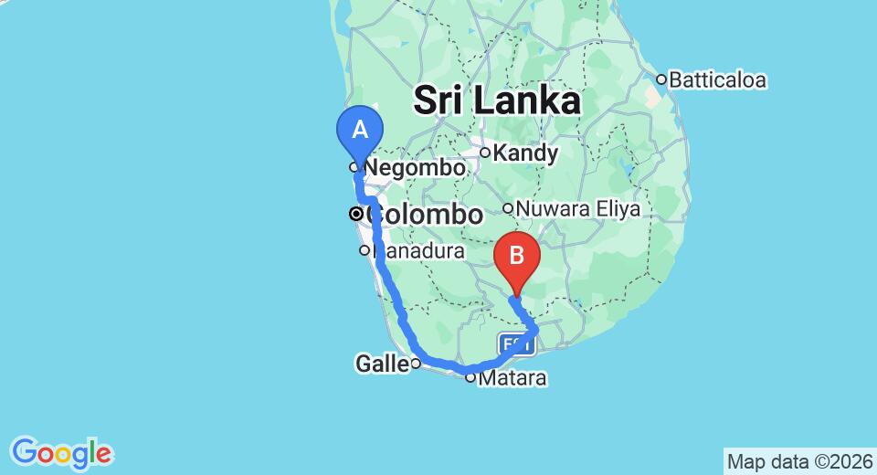 Driving route map: Colombo Airport (CMB) to Kulu Safari - Udawalawe, Udawalawe (260 km, approx 3 h 39 min private transfer)