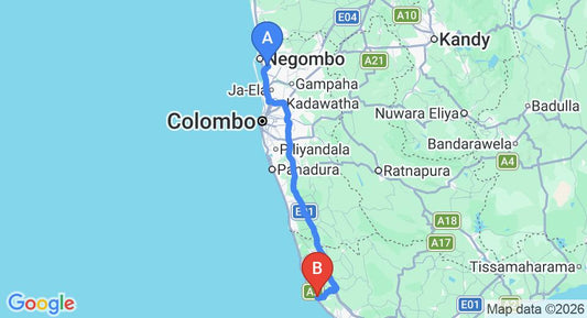 Driving route map: Colombo Airport (CMB) to Blue Corals Hotel, Hikkaduwa (142 km, approx 2 h 5 min private transfer)