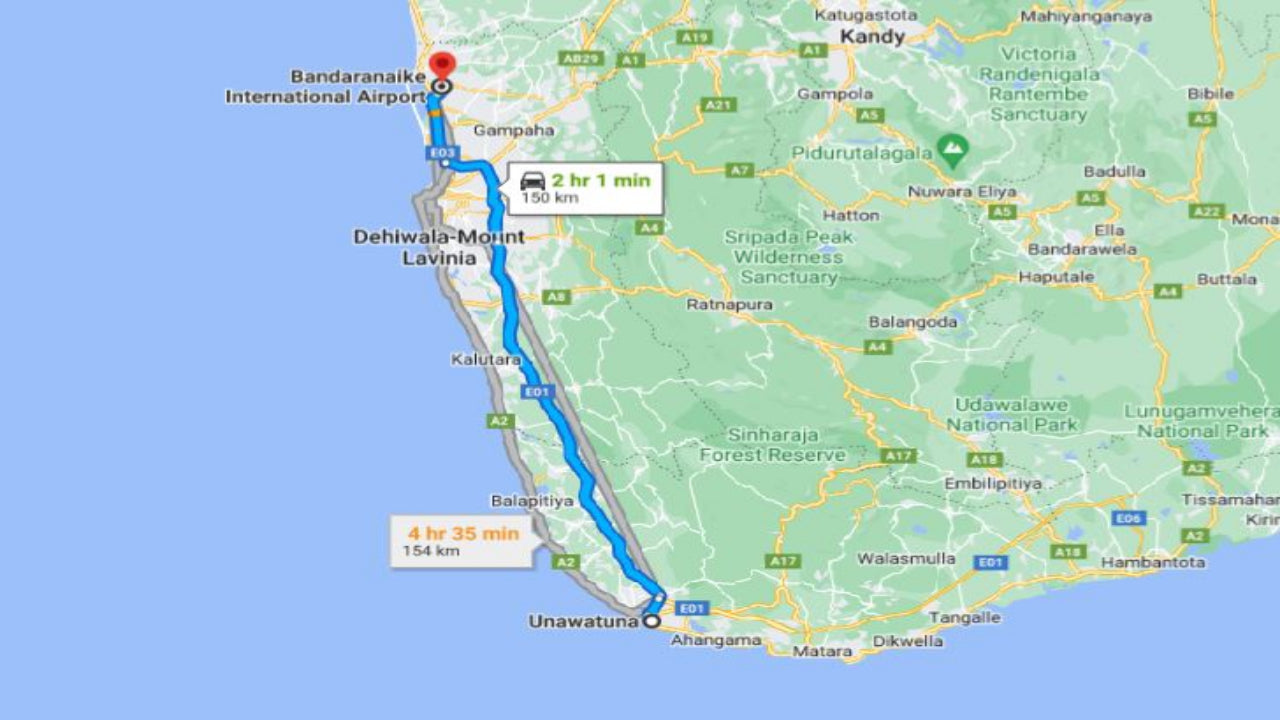 ウナワトゥナ市からコロンボ空港（CMB）へのプライベート送迎