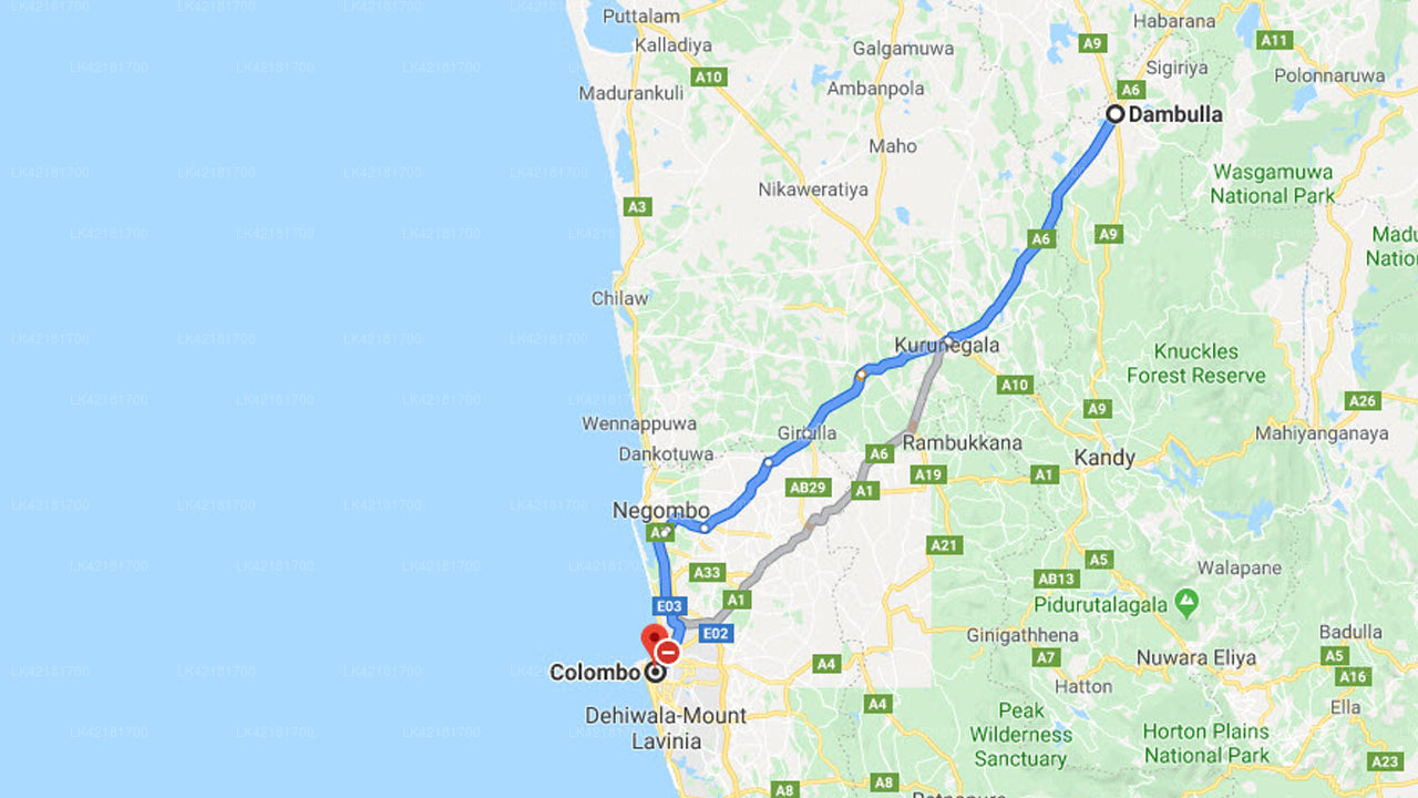 ダンブッラ市からコロンボ市へのプライベート送迎