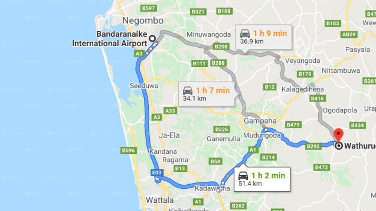 コロンボ空港 (CMB) とザ ハイダウェイ、ワスルガマ間の送迎